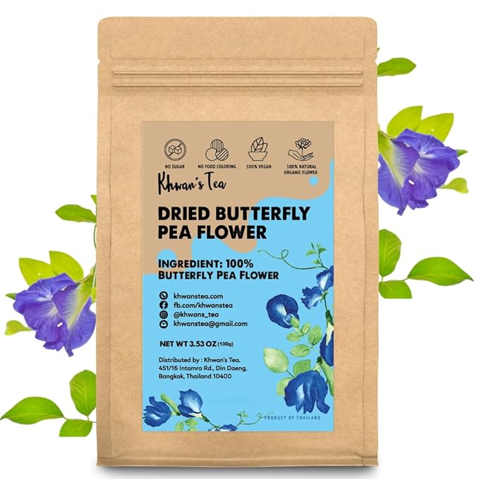 KHWAN'S TEA Dried Butterfly Pea Flowers Blue Tea Clitoria Ternatea Flower Herbal Tea Caffeine Free Vegan Plant Based 3.53 oz (100g)
