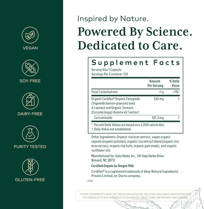 GAIA HERBS PRO Turmeric Fenugreek Complex - Daily Dietary Supplements for Active Lifestyle Support* - Herbal Nutrient Complex with Fenugreek Extract &amp Organic Turmeric - Vegan - 120 Capsules
