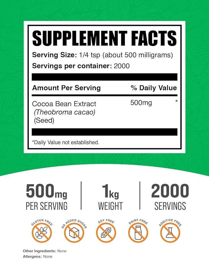 BulkSupplements.com Cocoa Bean Extract Powder - Cocoa Supplement - Unsweetened Vegan &amp Gluten Free 500mg per Serving 1kg (2.2 lbs) (Pack of 1)