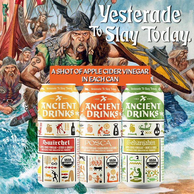 ANCIENT DRINKS Apple Cider Vinegar Electrolyte Drink with Probiotics – Organic Hydration Beverage Variety Pack (Posca Switchel Sekanjabin) – ACV Sports Drink with Natural Vitamins – 16 oz Cans 12 P