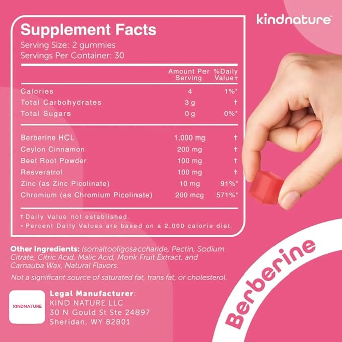 kindnature Berberine Gummies 1000mg with Ceylon Cinnamon &amp Resveratrol – Sugar-Free Vegan Supplement for Blood Sugar Support Metabolism Cravings Wellness – Non-GMO Gluten-Free