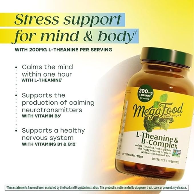 MegaFood L-Theanine &amp Vitamin B Complex with Vegan B12 B6 Folate Biotin &amp More - 200 mg L Theanine Supplement - B Complex Vitamins for Women &amp Men - Plus Lemon Balm &amp Zinc - 60 Tabl