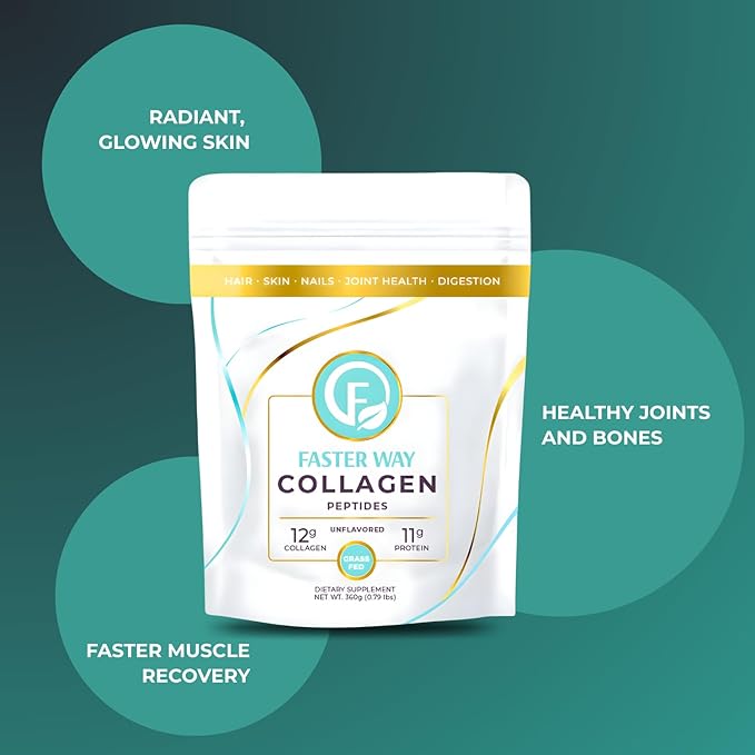 Faster Way - Collagen Peptides - 12g Hydrolyzed Collagen + 11g Protein Per Serving - Hair Skin &amp Nails - Amino Acids - Grass-Fed - Sugar Gluten &amp Dairy Free - Non-GMO -Unflavored Powder -30