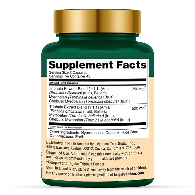 VAHDAM Triphala Capsules 1250 mg - High Strength Supplement with Amla Bibhitaki Haritaki Extract | Supports Healthy Digestion &amp Colon Function | 90 Capsules