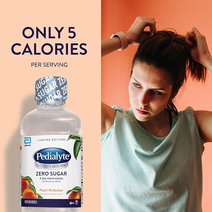 Pedialyte Electrolyte Water With Zero Sugar | Hydration With Key Electrolytes | Hydration Low in Calories | Peach Perfection 1 Liter Pack of 4