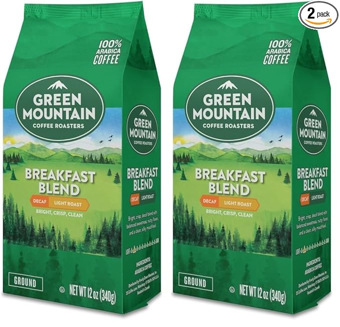 Green Mountain Coffee Roasters Breakfast Blend Decaf Ground Coffee Decaffeinated Light Roast Bagged 12oz. (Pack of 2)
