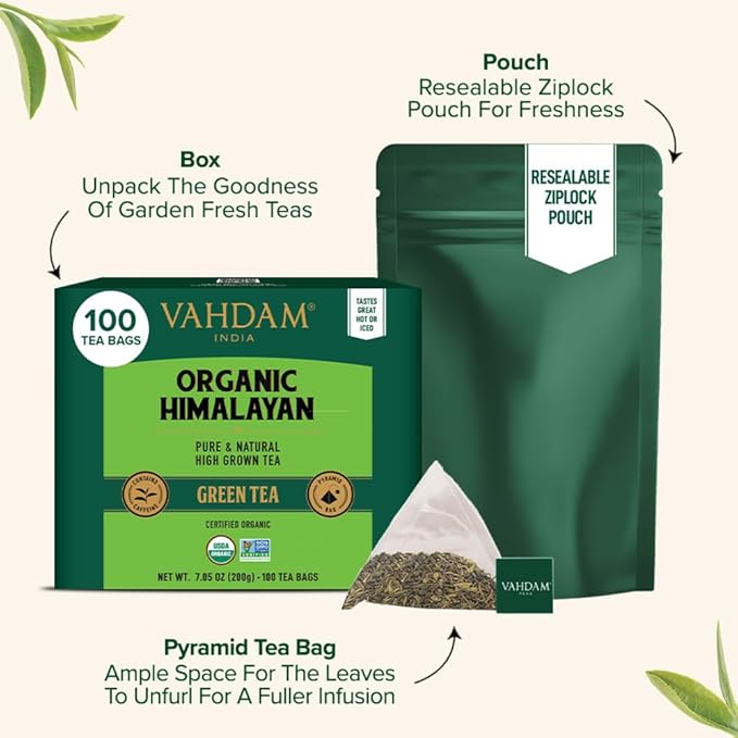 VAHDAM Organic Himalayan Green Tea (100 Count) High Grown Non GMO Gluten Free Low Caffeine | Earthy &amp Smooth | Resealable &amp Plant-Based Pyramid Tea Bags