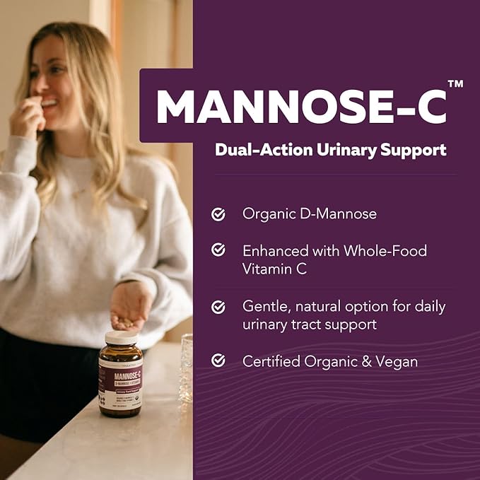 Mannose-C - Organic D-Mannose + Whole Food Vitamin C Natural UTI Support Supplement to Flush &amp Cleanse Urinary Tract Certified Organic Urinary Health for Women Vegan Non-GMO (180 Count)