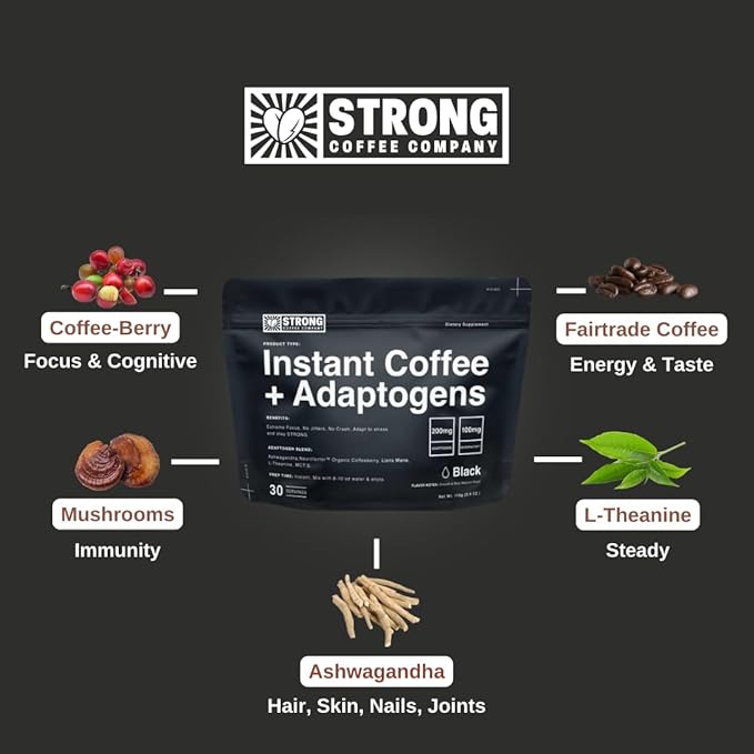 Strong Coffee Co. Instant Black Coffee | Premium Organic Coffee with Nootropics &amp Adaptogens NeuroFactor® L-Theanine Ashwagandha Reishi &amp MCT Oil | No Jitters No Crash (1 30 Servings)