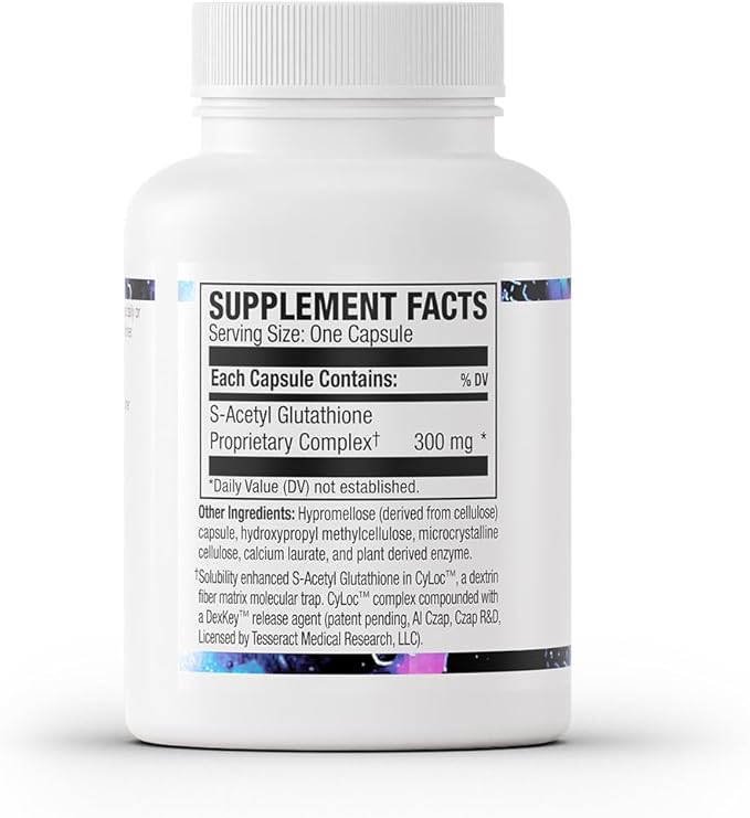 Tesseract SafeCell S-Acetyl Glutathione Supplement 300mg Healthy Aging Cellular Support Powerful Antioxidant Hypoallergenic Vegan Patented Delivery Bioavailability 60 Vegetarian Capsules