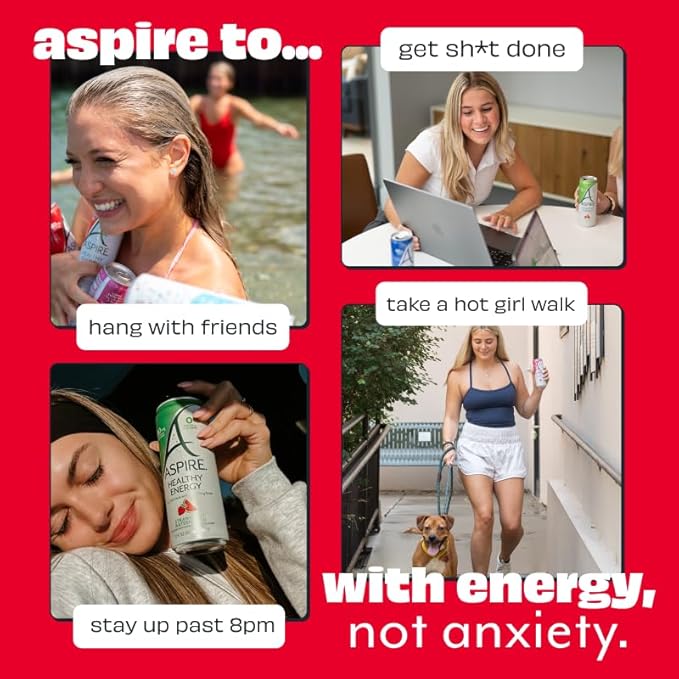 ASPIRE® Sweet Cherry Healthy Energy Drink 80mg Natural Caffeine Zero Sugar No Carbs Keto Friendly 12 Pack Green Tea Sugar Free Drink Low Caffeine Zero Calorie