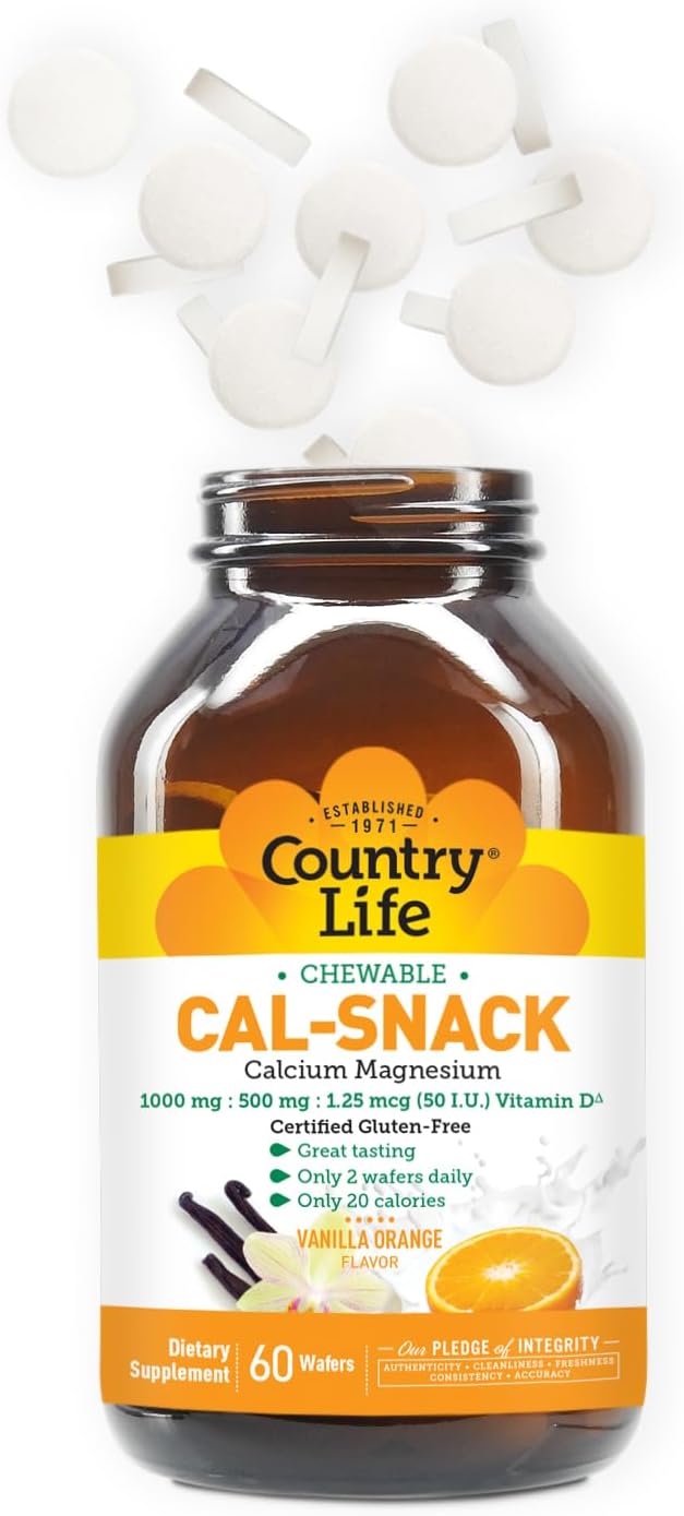 Country Life Cal-Snack Chewable Calcium Magnesium with Vitamin D 1000mg/500mg/50 IU Dairy-Free Vanilla Orange Flavor 60 Wafers Certified Gluten Free Certified Vegan (Pack of 2)