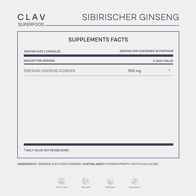CLAV® Siberian Ginseng - 900mg Eleuthero Root Powder - Energy Supplement - Reduction of Tiredness &amp Fatigue - 60 Ginseng Capsules - Made in Germany
