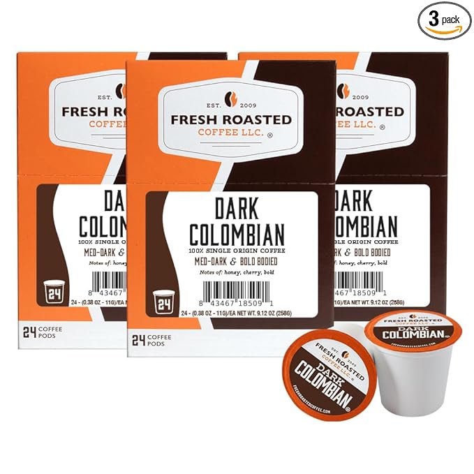 Fresh Roasted Coffee Dark Colombian Med-Dark Roast 72 Pods for K Cup Brewers