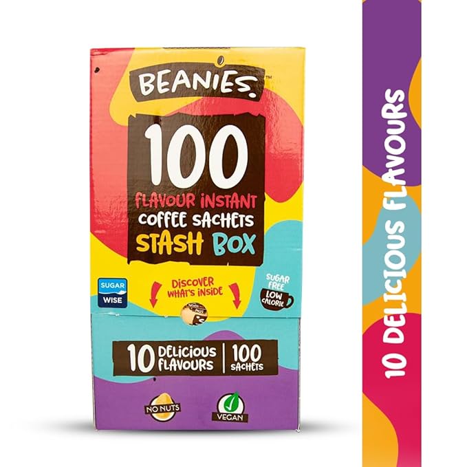 Beanies 100 Instant Coffee Packets – Variety Pack - Individual Coffee Singles – 10 Flavors for A Bold &amp Adventurous Coffee Gift Basket100 Stick Mix