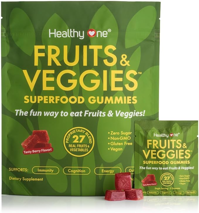 Fruits &amp Veggies Sugar-Free Gummies - 27 Whole Foods - Equals 3 Servings of Fruits &amp Vegetables - Improve Energy Focus &amp Immune Function - Fiber - Antioxidants - Organic Ingredients - 28