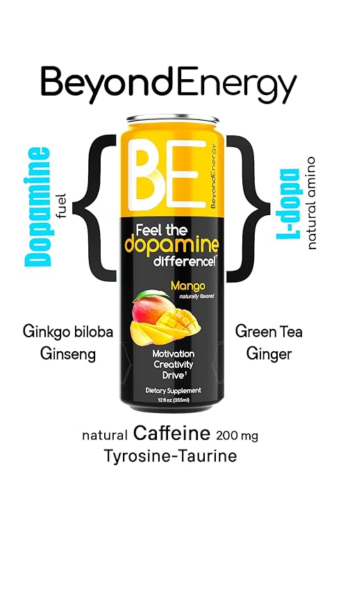 Beyond Energy - 12 Pack - Mango Herbal Energy Drink Naturally Sourced L-Dopa with Mucuna Pruriens Aminos Antioxidants 200mg Caffeine - (Mango)