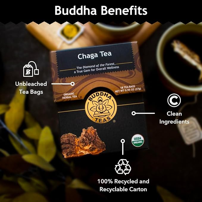 Buddha Teas - Chaga Tea - Organic Herbal Tea - For Cognitive Balance &amp Overall Health - With Chaga Mushroom Antioxidants &amp B Vitamins - Caffeine Free - 100% Kosher &amp Non-GMO - 18 Tea Bags