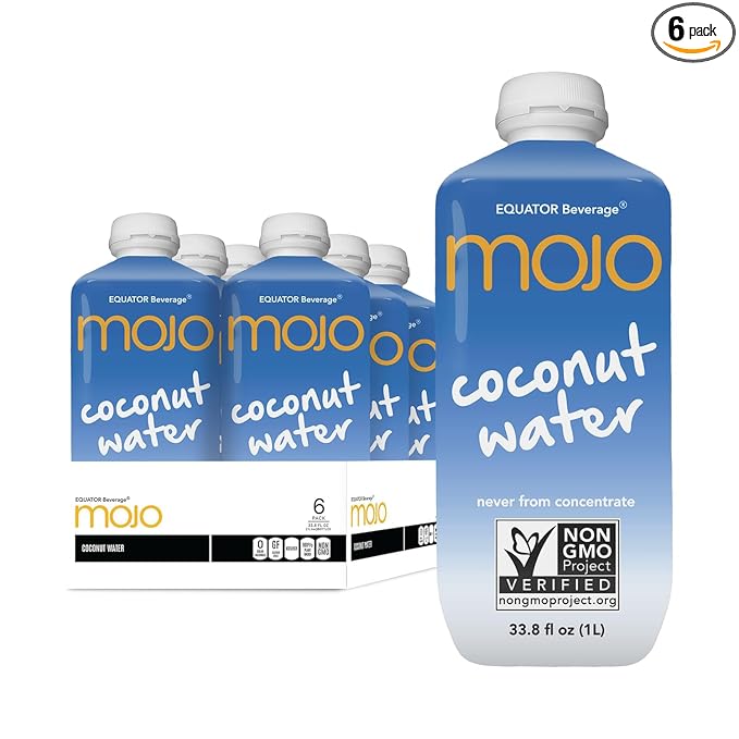 MOJO Coconut Water | Hydration Drink &amp Sports Drink | Electrolytes Beverage 1043 mg | Vitamin B &amp C | Hydration Drink for Skin &amp Body | 33.8 Oz (Pack Of 6)