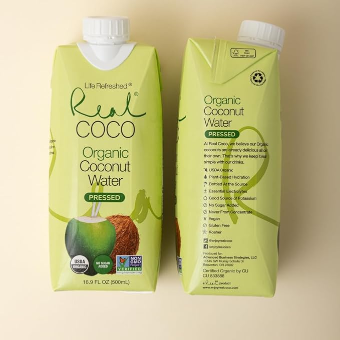 Real Coco Organic Pressed Coconut Water (12-Pack 500mL) USDA Organic No Sugar Added Essential Electrolytes Plant Based NON GMO Dairy &amp Soy Free