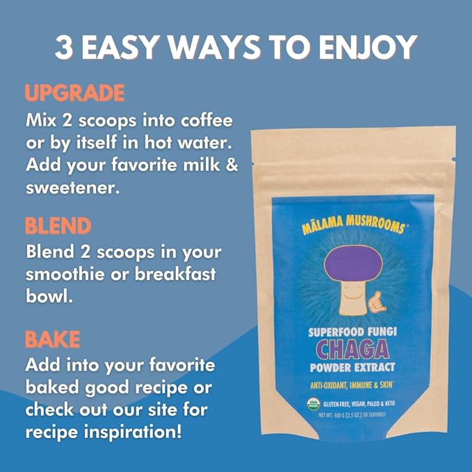 Chaga Extract Powder by Malama Organic Fruiting Body Chaga Mushroom Powder Superfood Adaptogenic Supports Immune System Skin Health and Fatigue 100 Servings