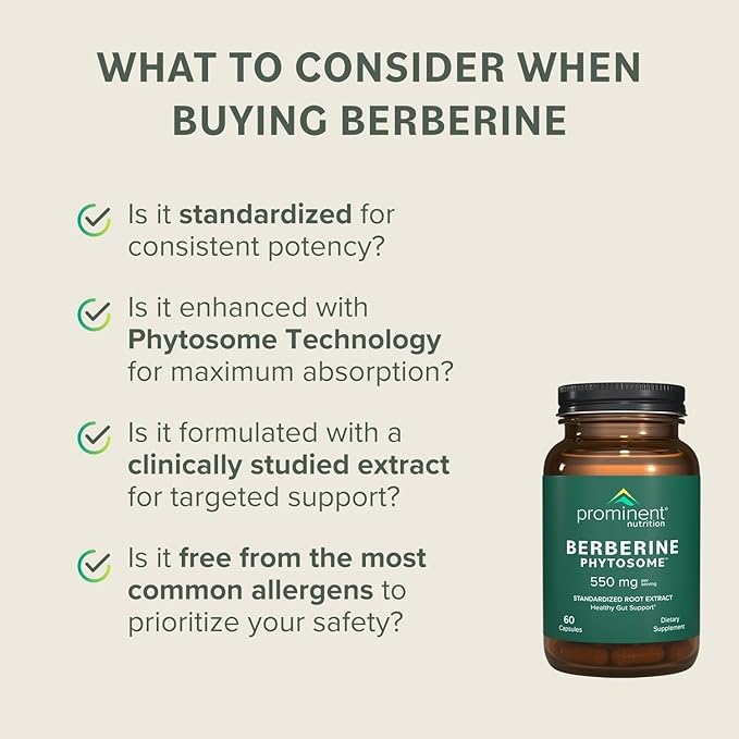 Prominent Nutrition Berberine Phytosome - Up to 9.6X Superior Absorption - Standardized Berberine for Digestive Gut &amp Heart Health Support - Non-GMO Vegan &amp Gluten-Free - 60 Capsules (60 Ser