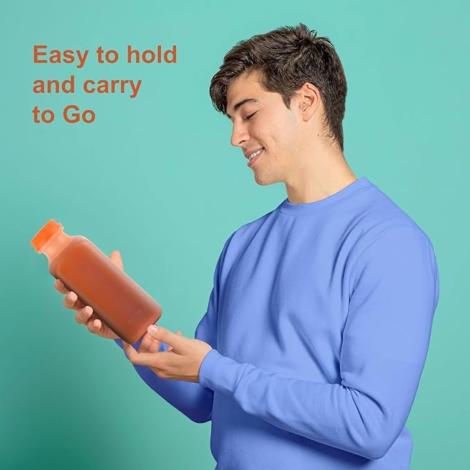 16 Oz. Empty HDPE Plastic Juice Bottles (16 Oz - Set of 12 &amp 12 Caps) with Orange Snap On Cap – Great for Homemade Juices Milk Smoothies Tea and Other Beverages - Food Grade BPA Free Made in US