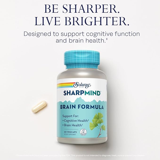 SOLARAY SharpMind Brain Support Formula - Nootropic Brain Supplements - Cognitive and Brain Health Support with Ginkgo Biloba - 60-Day Guarantee 60 Servings 60 VegCaps