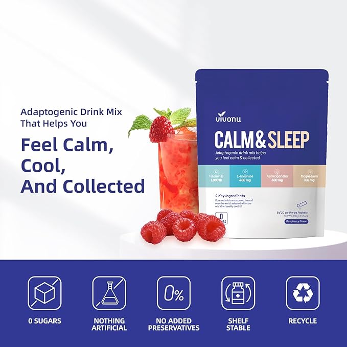 VivoNu Calm &amp Sleep Powdered Drink Mix Raspberry L Theanine Ksm-66 Ashwagandha Magnesium Glycinate Vitamin D 3 Supplements for Relaxation &amp Focus No Sugar Non GMO
