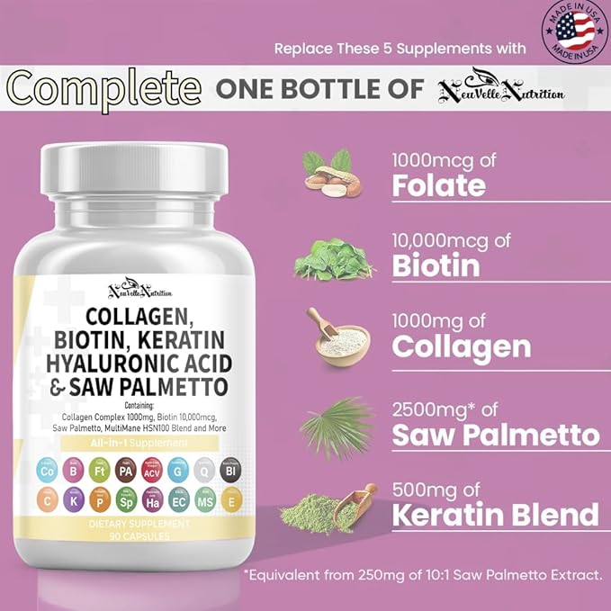 16 in 1 Collagen Supplement - Peptides Types IIIIII &amp V with Biotin Keratin Hyaluronic Acid Saw Palmetto Vitamins C &amp E Apple Cider Vinegar &amp PABA - Nail Skin &amp Hair Health Supp