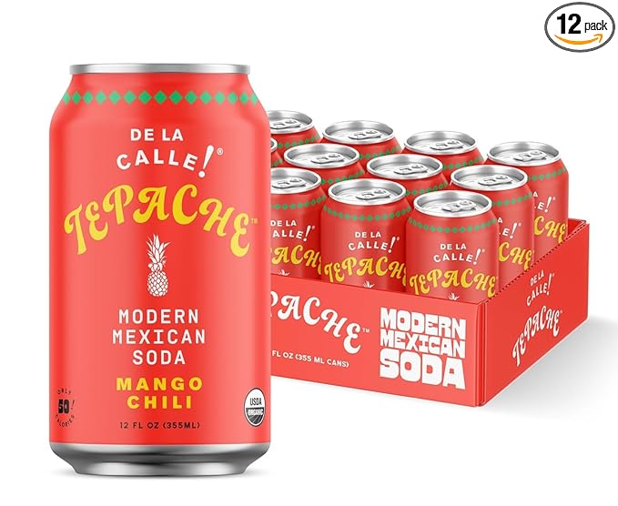 De La Calle Tepache - Mango Chili - Modern Mexican Soda - Craft Fermented Pineapple Sparkling Beverage - Certified Organic Antioxidant Rich Non-Alcoholic Healthy Soda Low Sugar Low Calorie Non-G