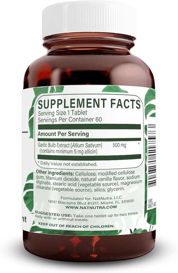 Natural Nutra High Allicin Garlic Supplement Supports Immune System Improve Heart Health Improve Enzymes Health Better Digestion Fights Cold and Flu Vanilla Coating 500mg 60 Vegan Tablets