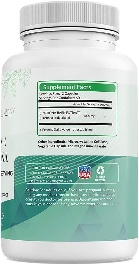 Quinine Cinchona Bark Extract 1000 mg – Herbal Supplement for Muscle &amp Leg Cramp Relief Digestive Support &amp Immune Health – 120 Capsules Non-GMO Made in USA (2 Bottles)