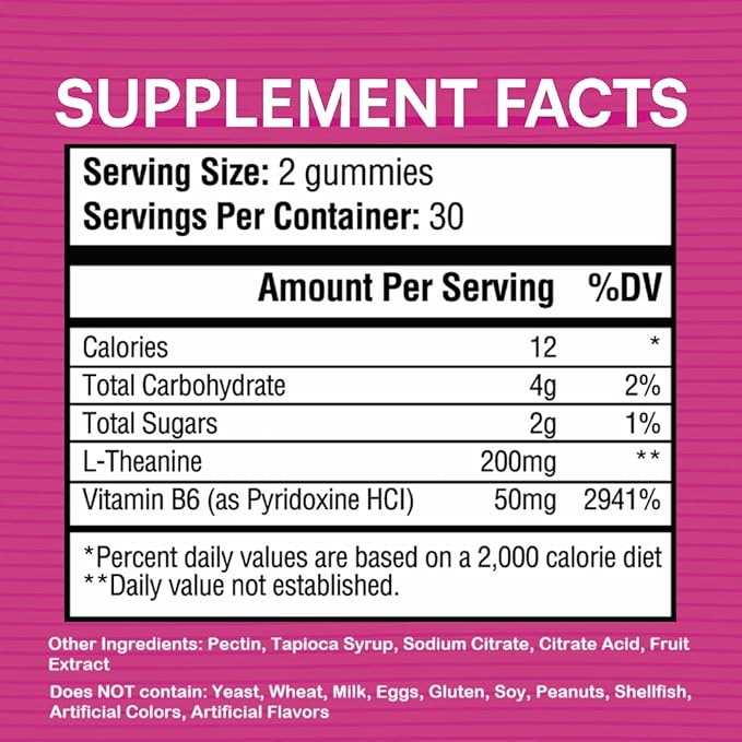 L-Theanine Gummies 200mg – L Theanine Supplement Chewable Gummy – Ltheanine/L’theanine 200mg – Focus and Calm Vitamins Supplement for Kids and Adults