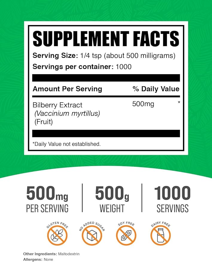 BulkSupplements.com Bilberry Extract Powder - Bilberry Extract Supplement Herbal Supplement - Vegan &amp Glulten Free 500mg per Serving 500g (1.1 lbs) (Pack of 1)