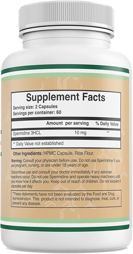 Spermidine Supplement (10mg of 99% Spermidine 3HCL - Third Party Tested) 120 Capsules - Over 100x More Potent Than Wheat Germ Extract for Cell Membrane Telomere Health and Aging by Double Wood