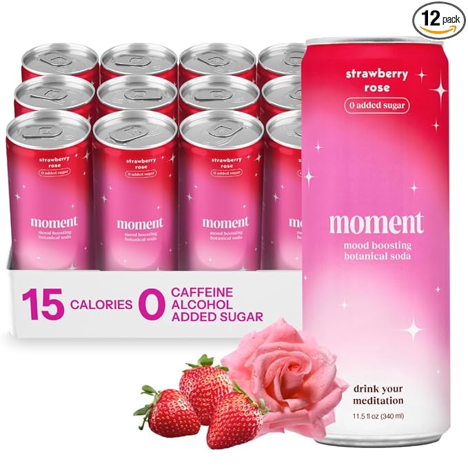 Moment Botanical Soda Soft Drink (Shark Tank) - SPARKLING Drinks | Strawberry Rose | L-Theanine &amp Ashwagandha for Calm &amp Clarity | 0 Added Sugar 0 Caffeine | 12-pack