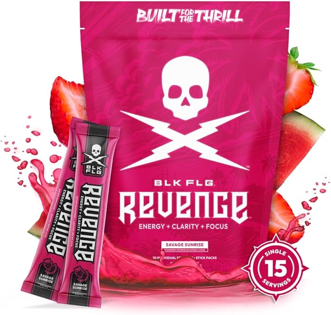 BLK FLG Energy Drink Mix – Strawberry Watermelon - Healthy Coffee Alternative with Natural Caffeine &amp Nootropics – Focus &amp Clean Energy Supplement – Sugar Free – 15 On-The-Go Stick Packs