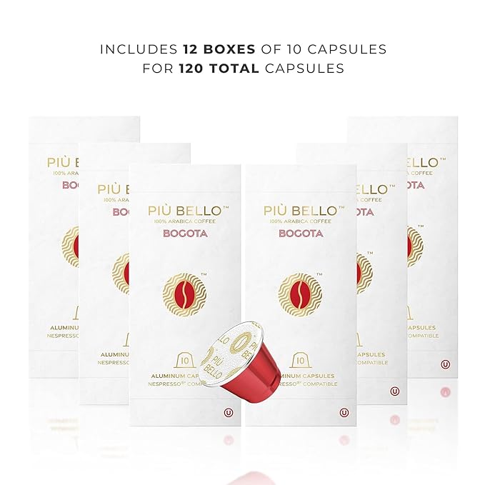 Piu Bello Coffee Pods - Nespresso Machine (Original) Compatible Capsules Pack - Rich &amp Balanced Taste - Strong Italian Espresso Flavored - Kosher Certified (120 Count Single Flavor) (Bogota)