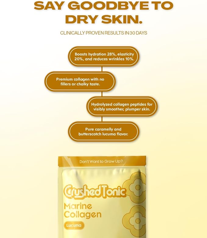 Crushed Tonic Korean Beauty Collagen Powder | Hydrolyzed Marine Collagen Peptides for Skin Glow Hair &amp Nails | K-Beauty Drink | Gluten-Free Halal &amp Kosher (Lucuma 30 Servings (150 g) Pouch
