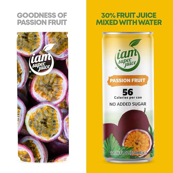 I am Superjuice Passion Fruit - Natural Fruit Juice Drink - Zero Added Sugar - Low in calories (56 per can) - 12 Pack x 11.16 FL OZ