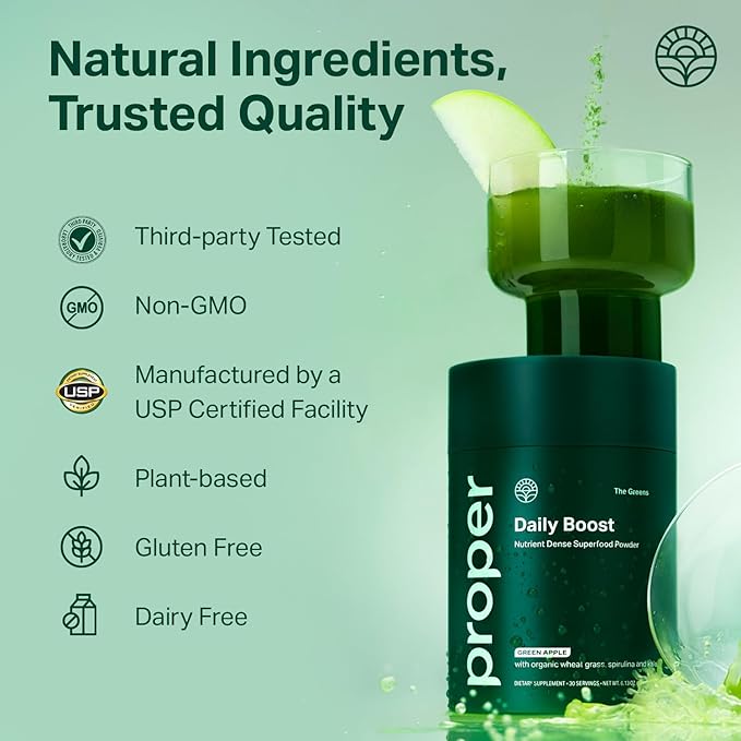 Proper The Greens Daily Boost Organic Greens Powder. Whole Food Apple Flavour Veggie Powder Superfood with Wheatgrass Spirulina Chlorella Probiotics. Daily Drink Mix for Wellness and Digestion