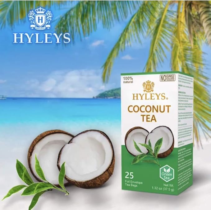 12 Pack of Hyleys Natural Wellness Coconut With Green Tea - 25 Tea Bags (100% Natural Gmo Free Gluten Free Dairy Free Sugar Free)
