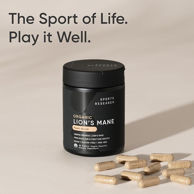 Sports Research® Organic Lion's Mane Mushroom Supplement 1800mg - Brain Health Focus &amp Cognitive Supports - USDA Certified Organic · Non-GMO · Vegan - 90 Count Capsules