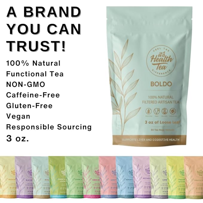 Boldo Herbal Tea — Traditionally Used for Digestive Comfort &amp Healthy Bile Flow | 35 Filtered Tea Bags Included | Caffeine-Free Gluten-Free | 3 oz Loose Leaf