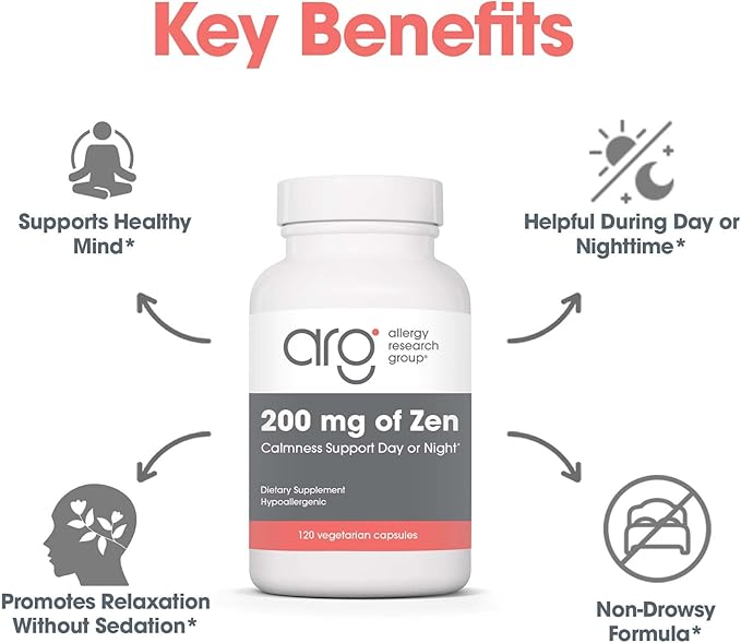 Allergy Research Group ARG 200 mg of Zen - Supports Calm and Stress Balance - Delivers 200 mg L-Theanine &amp 550 mg GABA per Serving - Vegetarian &amp Hypoallergenic - 60 Servings - 120 Capsules
