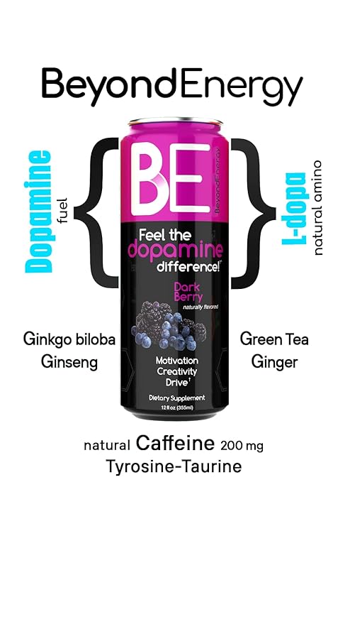 Beyond Energy - 12 Pack - Dark Berry Herbal Energy Drink Naturally Sourced L-Dopa with Mucuna Pruriens Aminos Antioxidants 200mg Caffeine - (Dark Berry)