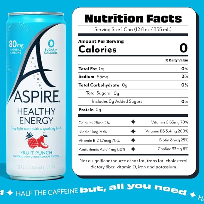 ASPIRE® Fruit Punch Healthy Energy Drink 80mg Natural Caffeine Zero Sugar No Carbs Keto Friendly 24 Pack Green Tea Sugar Free Drink Low Caffeine Zero Calorie