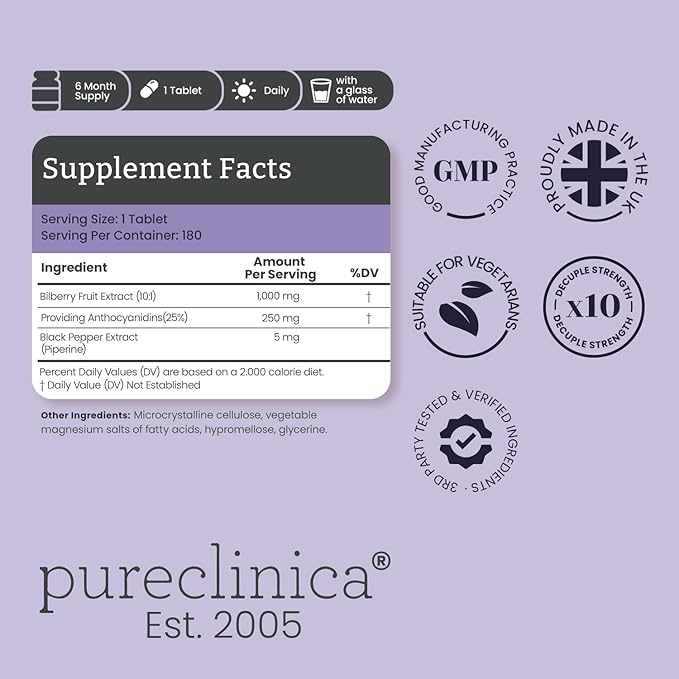 Bilberry Extract 10000mg x 180 Tablets (6 Months Supply)- 10X More anthocyanidin Plus 5mg Black Pepper per Tablet