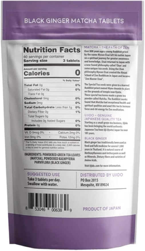 Ujido Black Ginger Matcha Tablets 180 Tablets – Japanese Matcha Powder – Thai Black Ginger – Hand-Picked Green Tea Leaf Powder – Antioxidant Superfood – Natural Caffeine Chlorophyll &amp EGCG